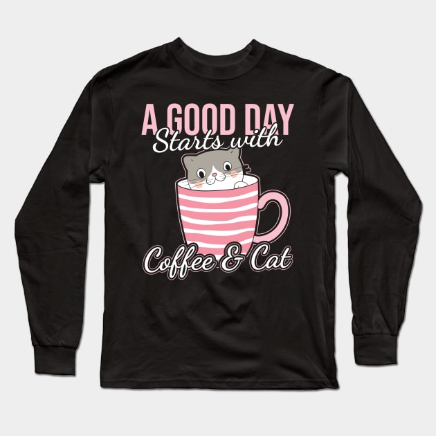 Cat and Coffee Funny Kitty Cat Lover Long Sleeve T-Shirt by aneisha